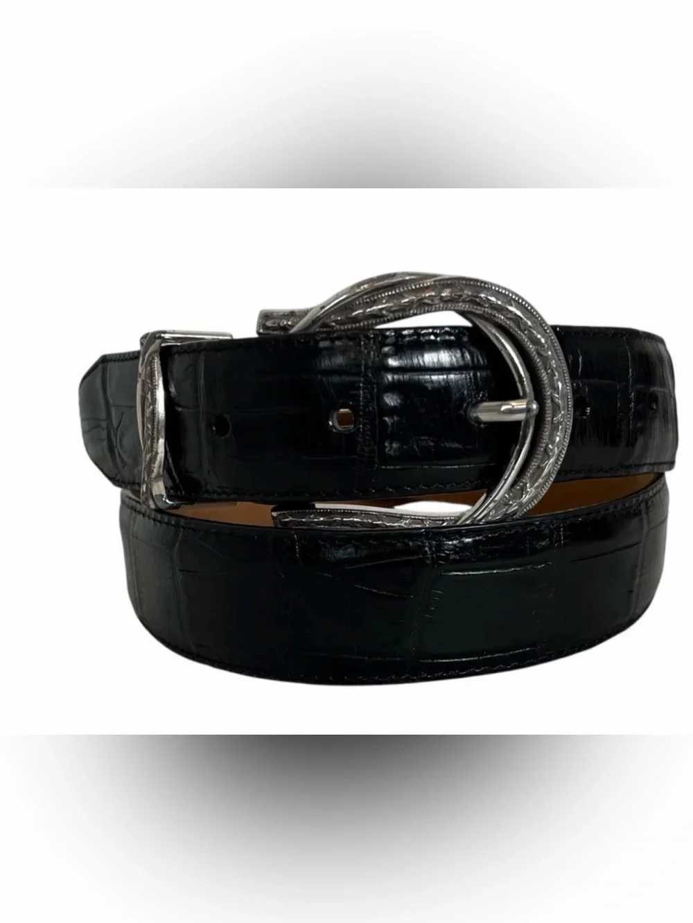 Brighton Womens Belt Black Croc Embossed Leather w Silver Barb Wire Buckle  L 34